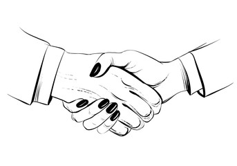 Woman handshake, hand drawn vector sketch illustration. Businessman and businesswoman.