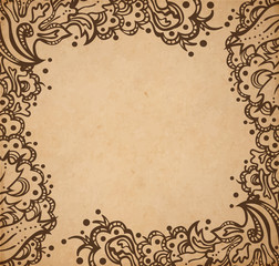 Vintage old paper texture background with floral ornamental frame , scrapbooking victorian style page, hand drawn vector illustration