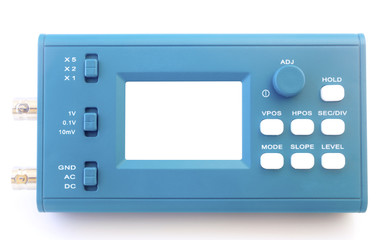 Modern digital signal oscilloscope isolated on white background closeup