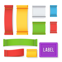 Color Label Fabric Blank Vector. Realistic Set Bright Blank Fabric Labels Or Badges With Stitching.