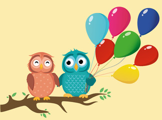 Fototapeta na wymiar A pair of cute owlet sitting on a branch and holding many colorful balloons. Greeting card 