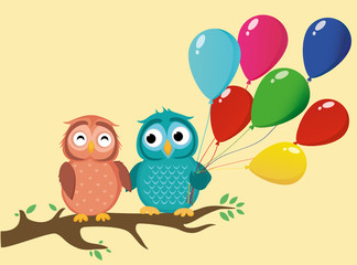 A pair of cute owlet sitting on a branch and holding many colorful balloons. Greeting card 