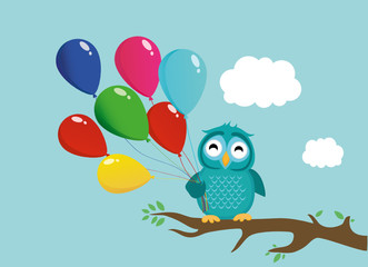 Cute owl sitting on a branch and holding many colorful balloons. Greeting card or birthday invitation.