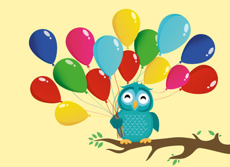 Cute owl sitting on a branch and holding many colorful balloons. Greeting card or birthday invitation.