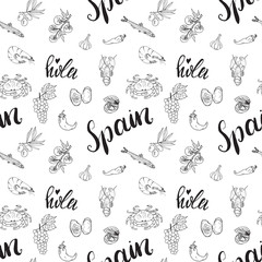 Spain seamless pattern doodle elements, Hand drawn sketch spanish food shrimps, olives, grape, flag and lettering. vector illustration background.