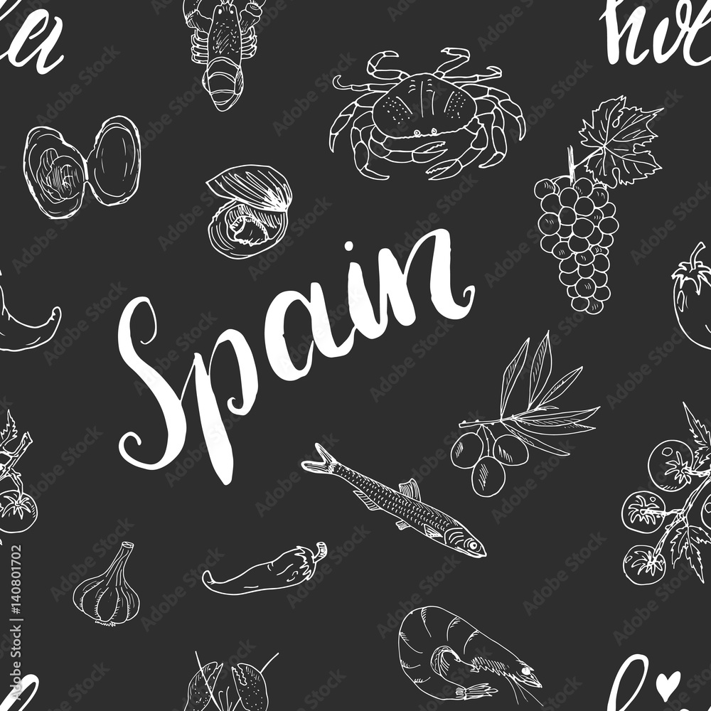 Poster Spain seamless pattern doodle elements, Hand drawn sketch spanish food shrimps, olives, grape, flag and lettering. vector illustration background.