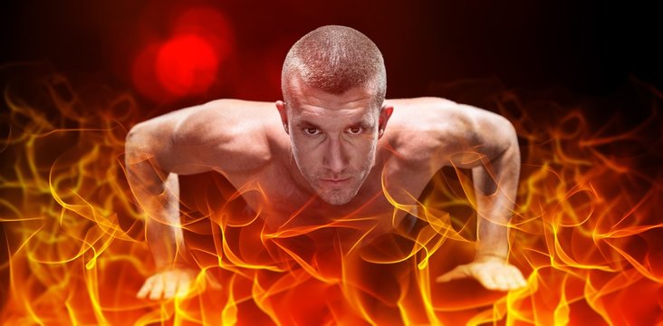 Composite image of confident shirtless athlete doing push ups - Powered by Adobe