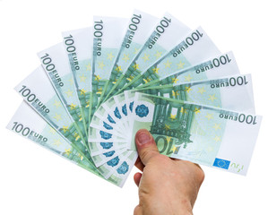 Money. Euro, fan in hand, on a white background