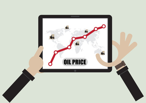 Business male hand point screen of tablet computer Crude Oil Rising Prices Graph.