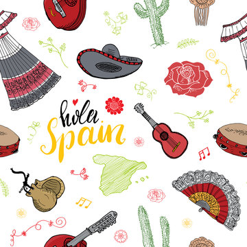 Spain seamless pattern doodle elements, Hand drawn sketch spanish traditional guitars, dress and music instruments, map of spain and lettering - hola spain. vector illustration background
