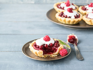  Fresh crisp tartlets filled with jam of raspberries, blueberries, berry pie