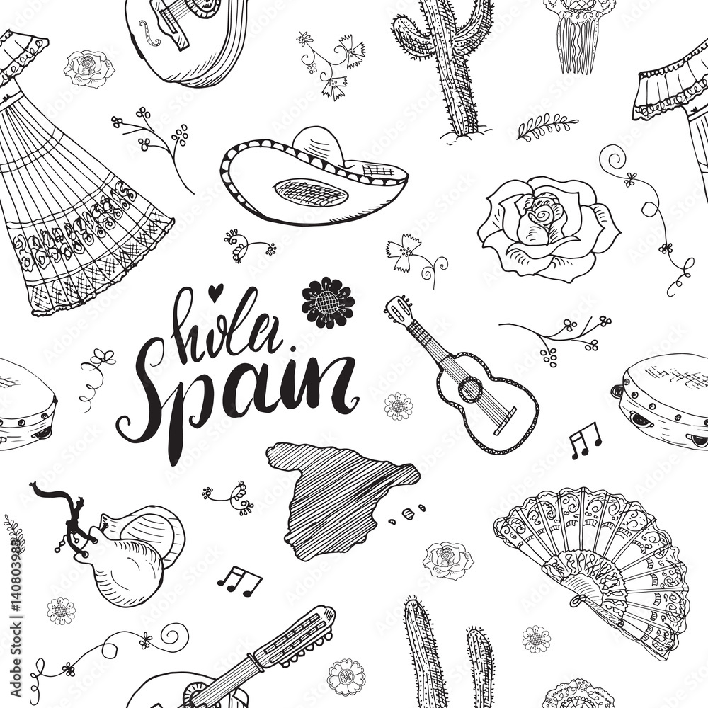 Poster spain seamless pattern doodle elements, hand drawn sketch spanish traditional guitars, dress and mus