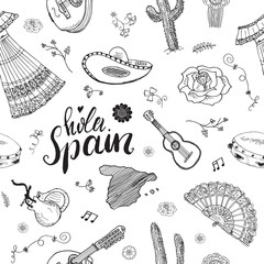 Spain seamless pattern doodle elements, Hand drawn sketch spanish traditional guitars, dress and music instruments, map of spain and lettering - hola spain. vector illustration background © saint_antonio