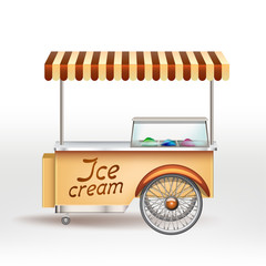 Brown ice cream cart. Food truck Vector illustration. Shop on wheels with the goods

