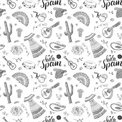 Spain seamless pattern doodle elements, Hand drawn sketch spanish traditional guitars, dress and music instruments, map of spain and lettering - hola spain. vector illustration background © saint_antonio