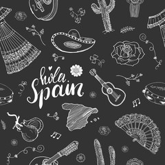 Spain seamless pattern doodle elements, Hand drawn sketch spanish traditional guitars, dress and music instruments, map of spain and lettering - hola spain. vector illustration background © saint_antonio