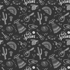 Spain seamless pattern doodle elements, Hand drawn sketch spanish traditional guitars, dress and music instruments, map of spain and lettering - hola spain. vector illustration background © saint_antonio