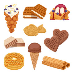 Different wafer cookies on white background waffle cakes and chocolate delicious snack cream dessert crispy bakery food vector illustration.