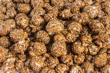 Chocolate caramel popcorn close up