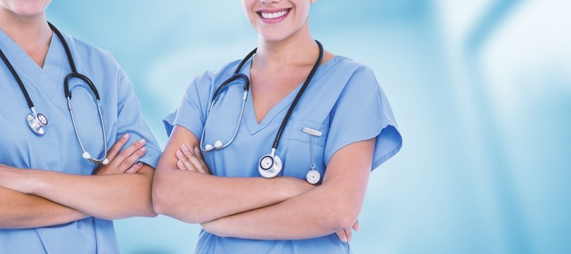 Composite image of portrait of beautiful female doctors
