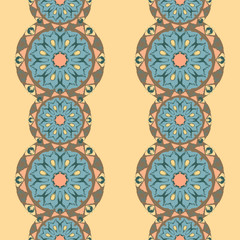 Seamless pattern with beautiful colorful mandalas. Vector ornaments in grunge style