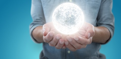 Composite image of man holding invisible object 