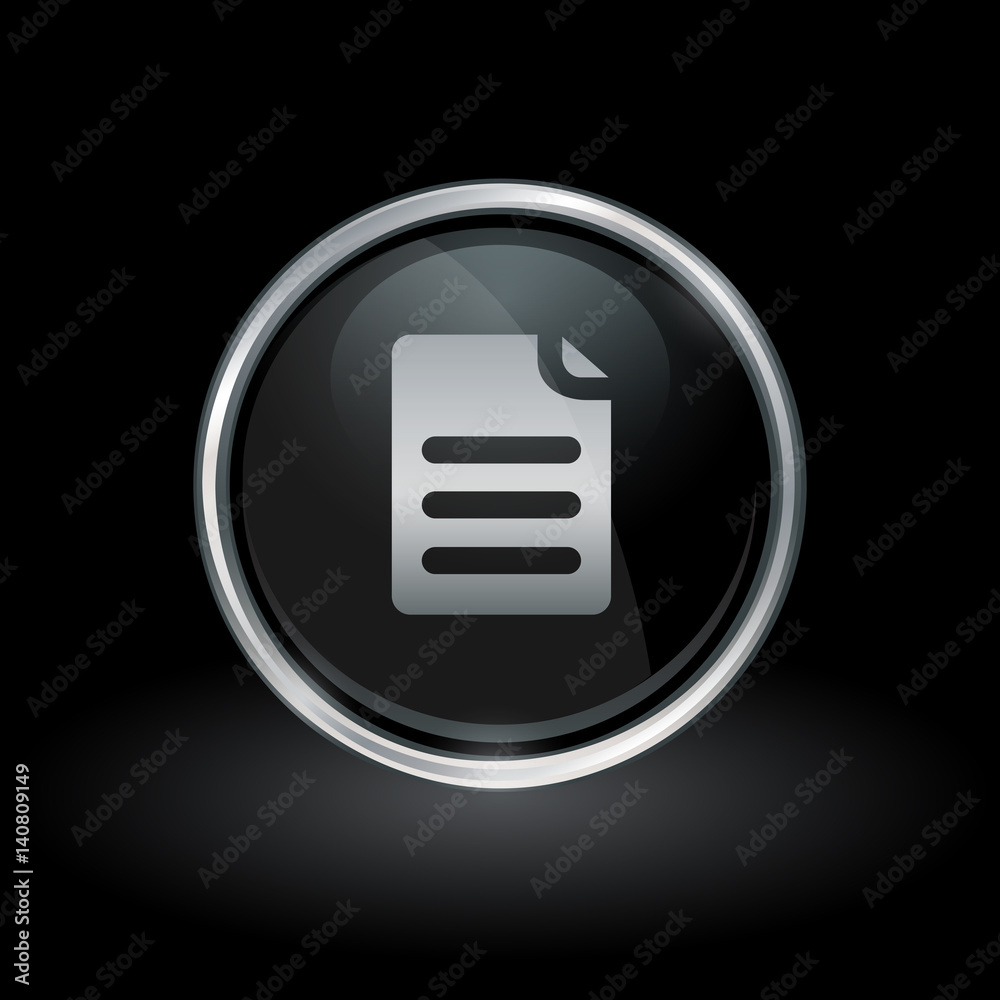 Wall mural document symbol with paper icon inside round chrome silver and black button emblem on black backgrou