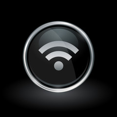 Wireless connectivity symbol with wifi icon inside round chrome silver and black button emblem on black background. Vector illustration.