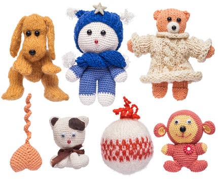 Homemade knitted toys by Larisa Barsikyan. Isolated on white background.