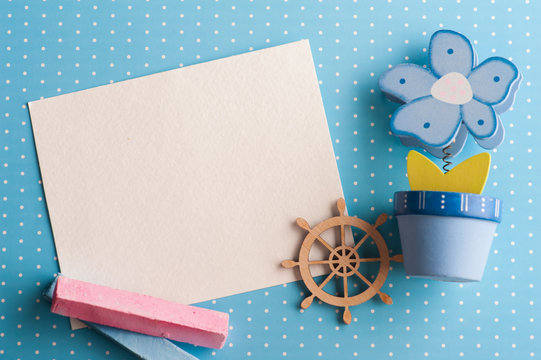 Blank card on blue background with boat