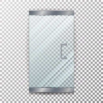 Glass Door Transparent Vector. Realistic Store Glass Door For Market And Fashion Boutique On Checkered Background