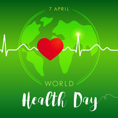World Health Day card green. Globe and normal cardiogram as a vector concept for World Health Day. Poster for 7 April, World Health Day
