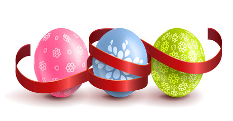 Realistic, colourful Easter eggs with a red ribbon. Greeting car