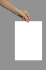 a sheet of paper in his hand, on a background