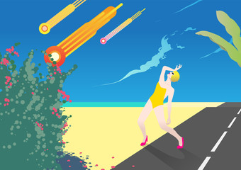 Fototapeta premium 80s style beach road and comet