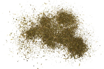 Pile of chopped parsley isolated on white background, top view