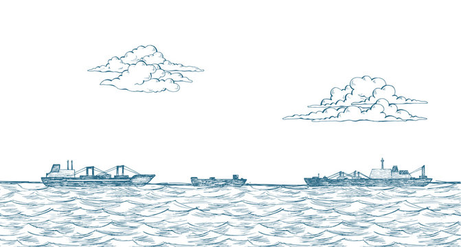 Cargo ships, clouds, sea