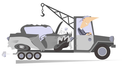 Fototapeta premium Wrecker isolated. Technical help worker transports a crashed car 