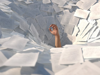 hand drowning in paper sheets - obrazy, fototapety, plakaty