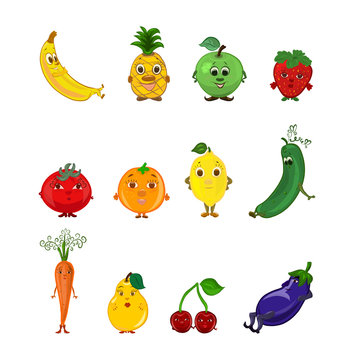 A set of funny fruits and vegetables with faces, smileys