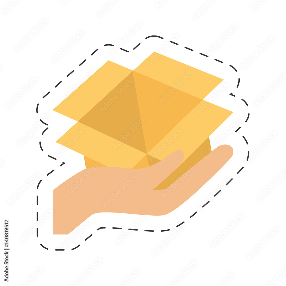 Sticker hand holding cardboard box delivery online vector illustration eps 10