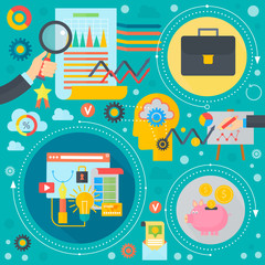 Fototapeta premium Business and finance flat concept. Business infographics template icons in circles design, web elements, poster banner, Vector illustration.