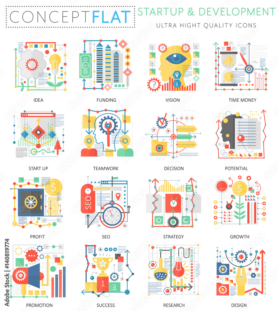 Poster Infographics mini concept startup and development, computer protection icons for web. Premium quality color conceptual flat icons elements. Start-up and development concepts.