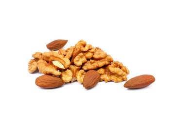 Healthy walnuts and almond isolated on white background