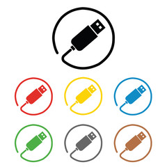 USB connector signs set, on colored circles, isolated on white. A set of 8 colored icon. Flat design illustration.Usb sign icon.