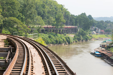 View on the railway called the road of death near the river Kwai, focus on train