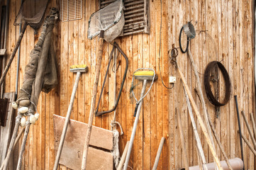 Wooden shed with tools and equipment at fish hatchery in mountain