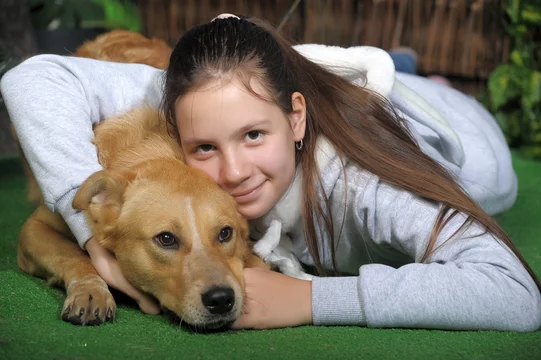 Happy teen girl with her dog mongrel Stock Photo | Adobe Stock