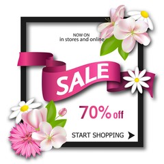 Sale background with pink ribbon and flowers. Season discount banner. Vector illustration ,template. Wallpaper, flyers, invitation, posters, brochure.