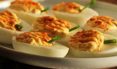 deviled eggs with red pepper